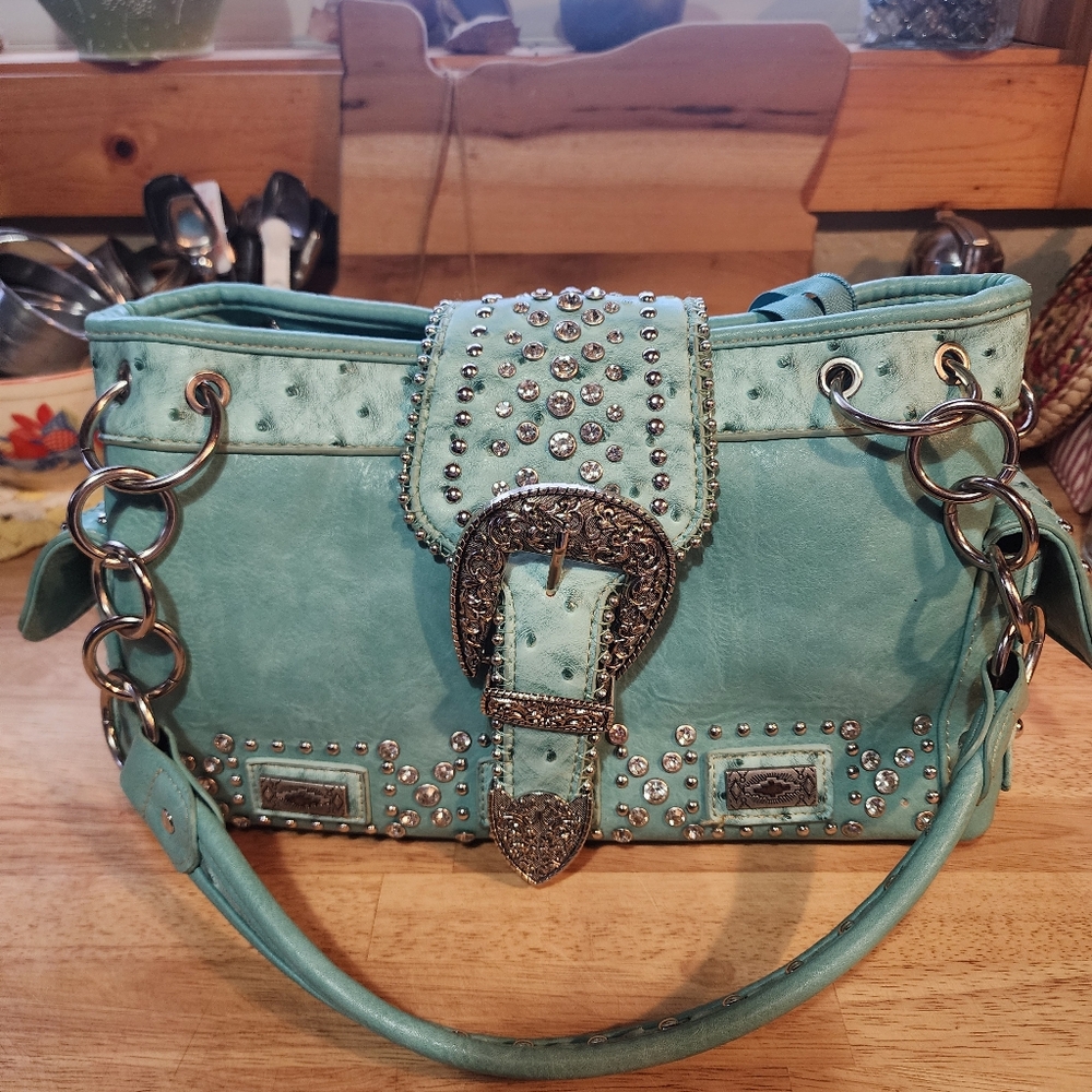 Montana West Conceal Carry Leather Handbag Shoulder Purse Rhinestones Turquoise